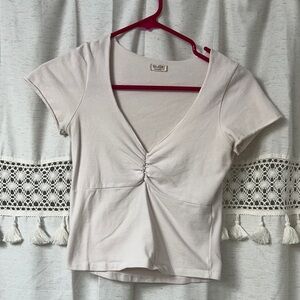 Brandy Melville Light Pink V-Neck Ruched Short Sleeve Top
